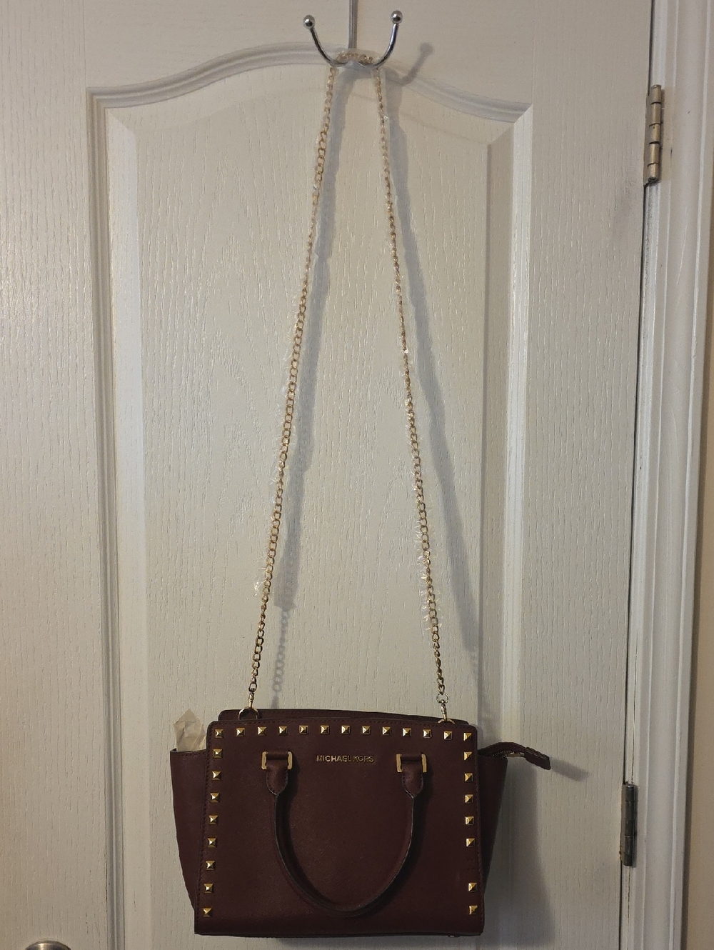 Michael Kors Burgundy Studded Leather Crossbody with Gold Chain